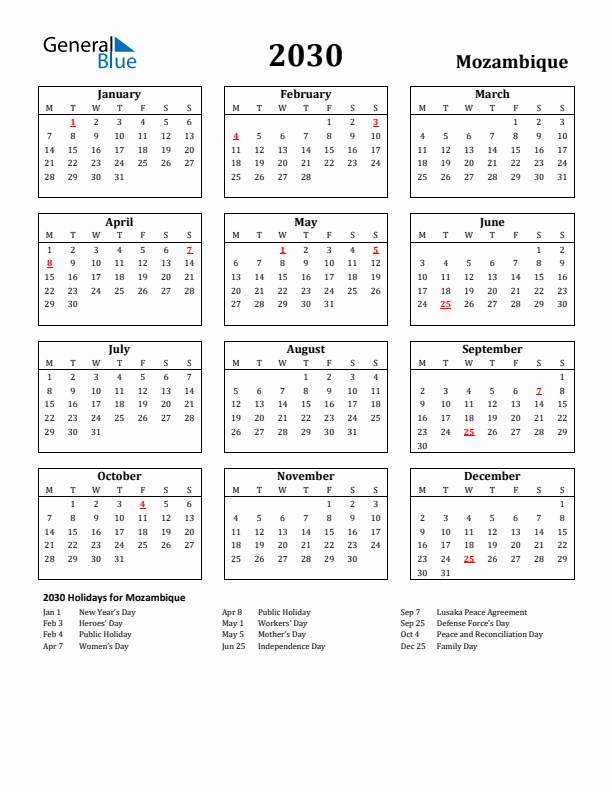 2030 Mozambique Holiday Calendar - Monday Start