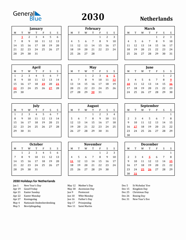 2030 The Netherlands Holiday Calendar - Monday Start