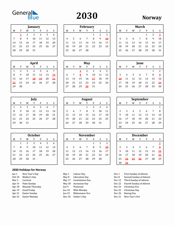 2030 Norway Holiday Calendar - Monday Start