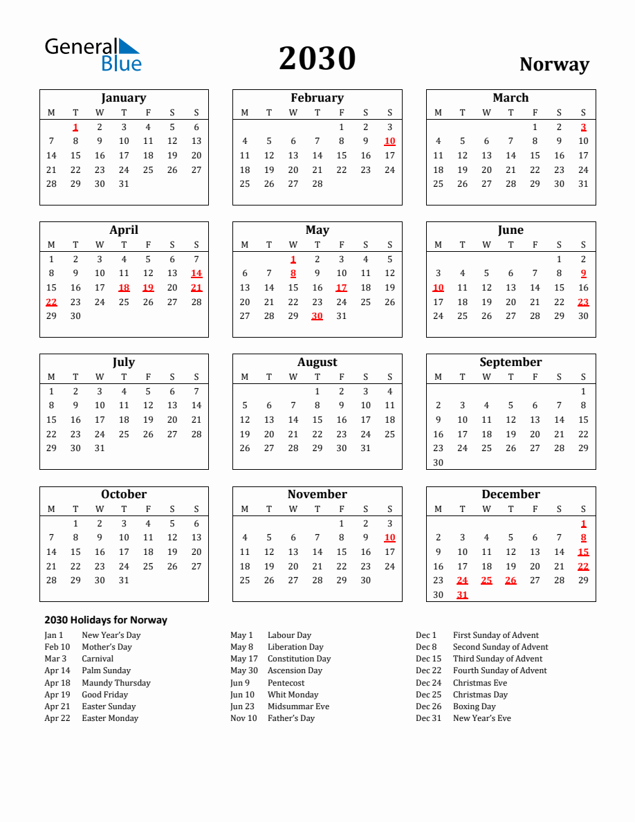 Free Printable 2030 Norway Holiday Calendar