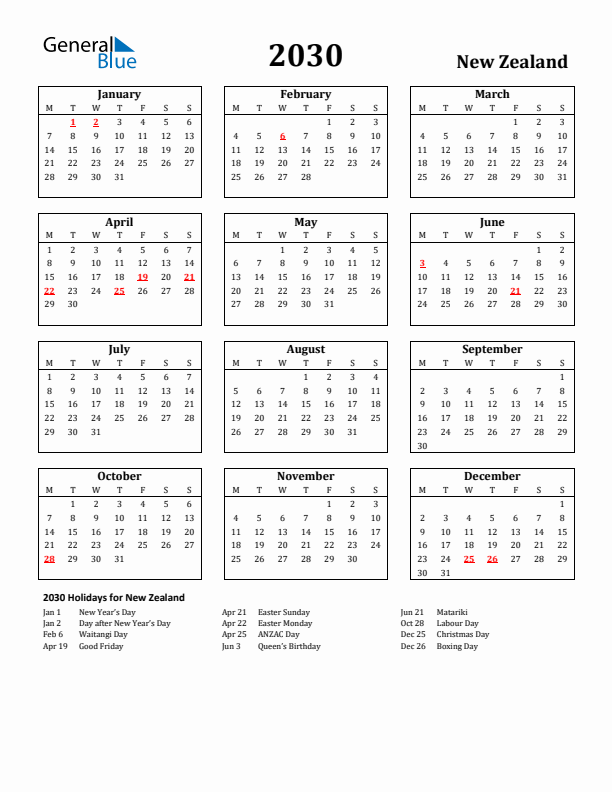 2030 New Zealand Holiday Calendar - Monday Start