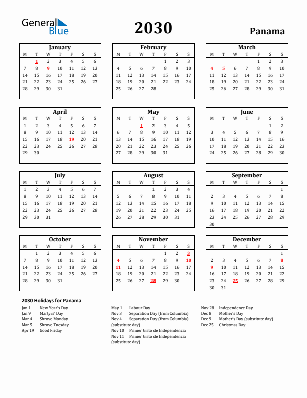2030 Panama Holiday Calendar - Monday Start