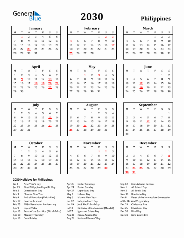 2030 Philippines Holiday Calendar - Monday Start