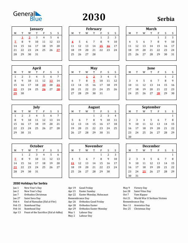 2030 Serbia Holiday Calendar - Monday Start