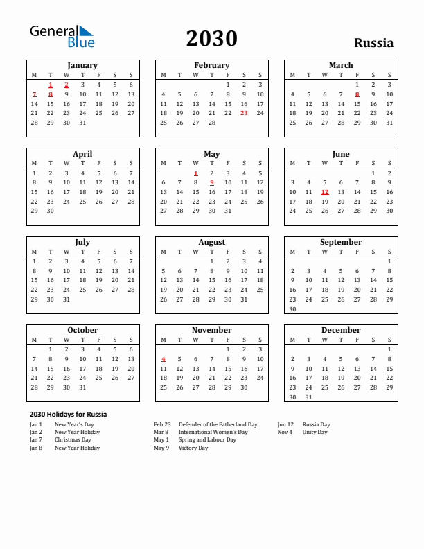 2030 Russia Holiday Calendar - Monday Start