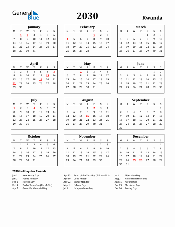 2030 Rwanda Holiday Calendar - Monday Start