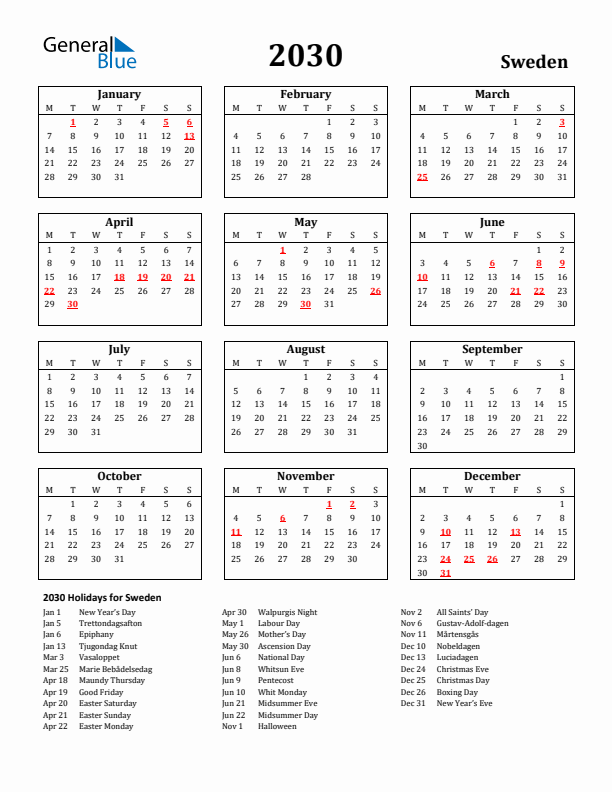 2030 Sweden Holiday Calendar - Monday Start