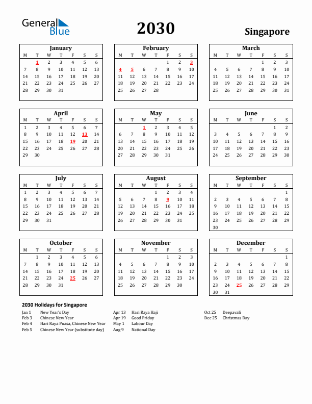 2030 Singapore Holiday Calendar - Monday Start