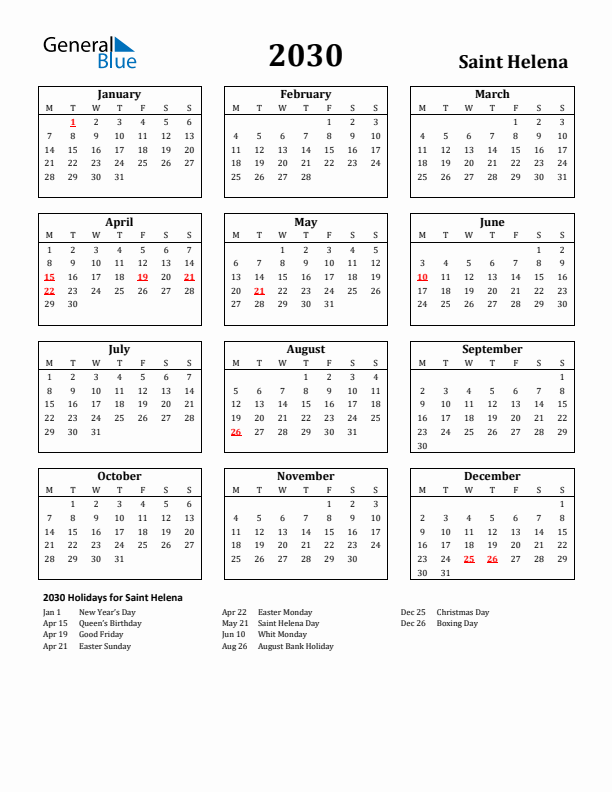 2030 Saint Helena Holiday Calendar - Monday Start