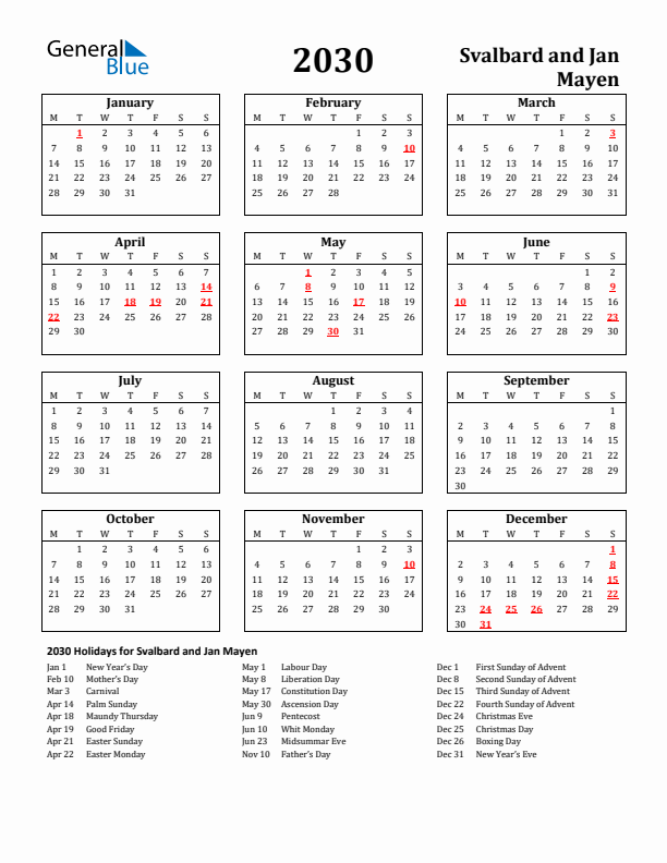 2030 Svalbard and Jan Mayen Holiday Calendar - Monday Start