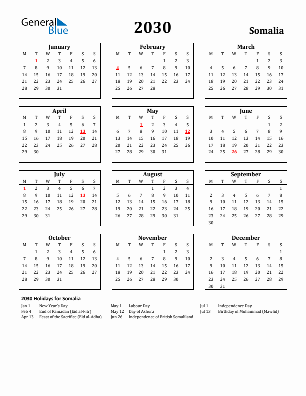 2030 Somalia Holiday Calendar - Monday Start