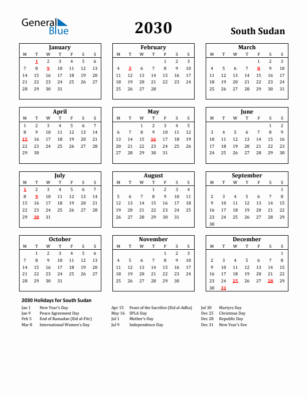 2030 South Sudan Holiday Calendar - Monday Start