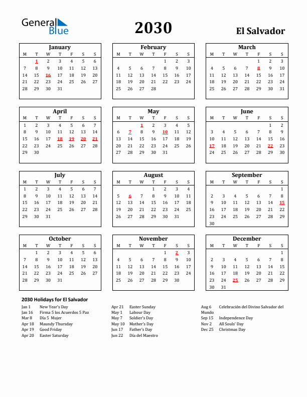 2030 El Salvador Holiday Calendar - Monday Start