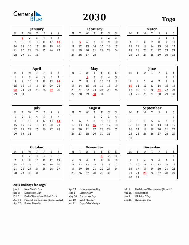2030 Togo Holiday Calendar - Monday Start