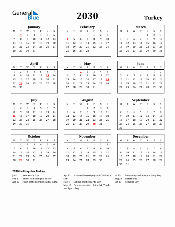 2030 Turkey Holiday Calendar - Monday Start