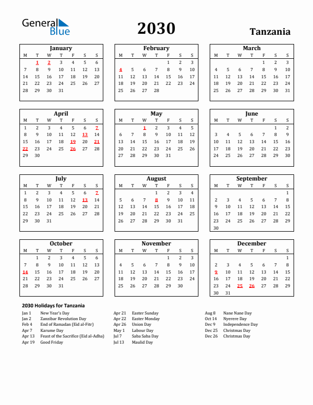 2030 Tanzania Holiday Calendar - Monday Start