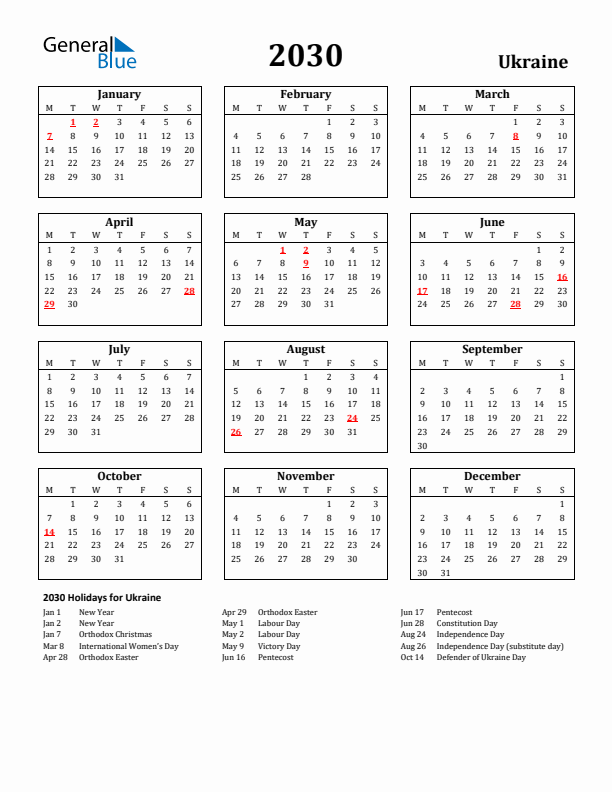 2030 Ukraine Holiday Calendar - Monday Start