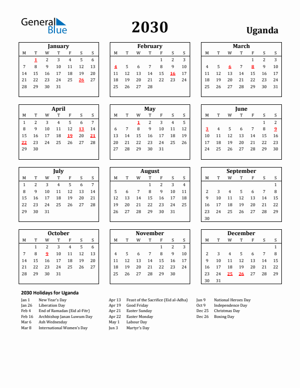 2030 Uganda Holiday Calendar - Monday Start