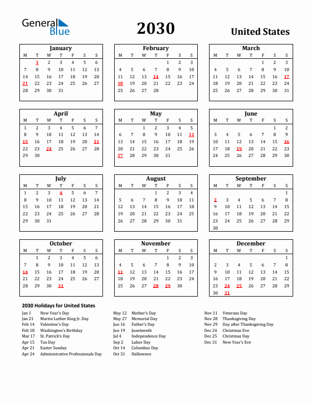 2030 United States Holiday Calendar - Monday Start