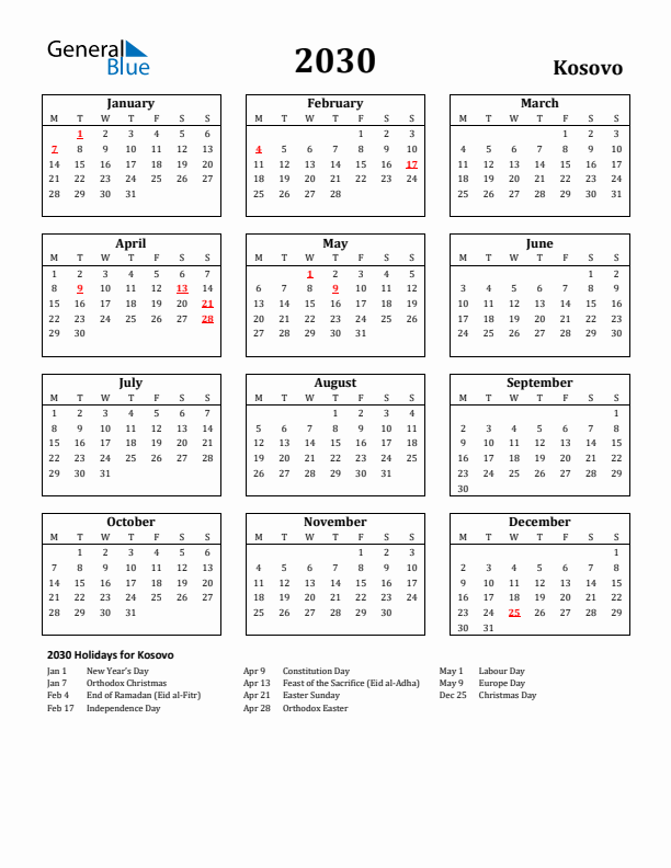 2030 Kosovo Holiday Calendar - Monday Start