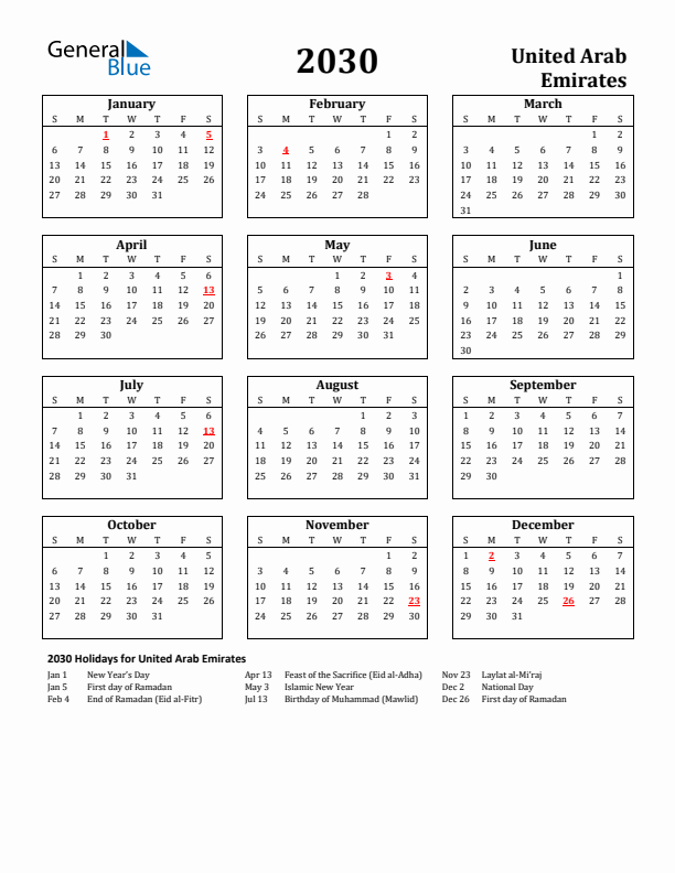 2030 United Arab Emirates Holiday Calendar - Sunday Start