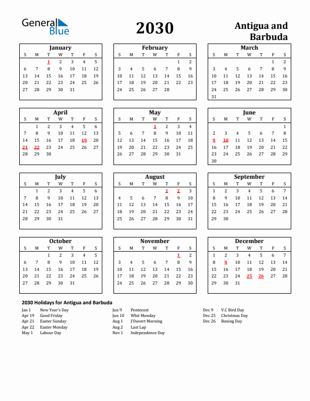 2030 Antigua and Barbuda Holiday Calendar - Sunday Start