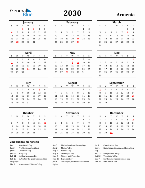 2030 Armenia Holiday Calendar - Sunday Start