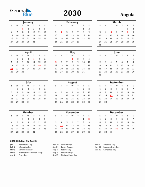 2030 Angola Holiday Calendar - Sunday Start