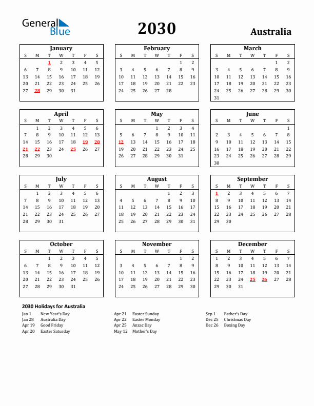 2030 Australia Holiday Calendar - Sunday Start
