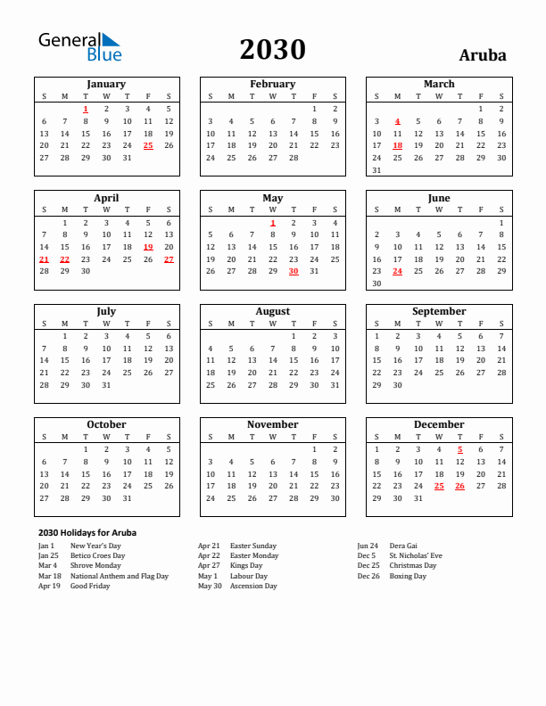 2030 Aruba Holiday Calendar - Sunday Start