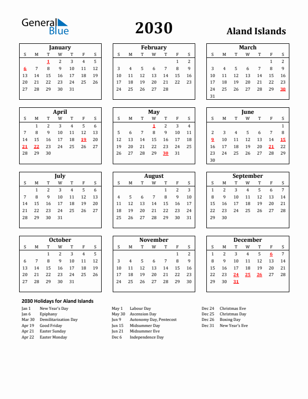 2030 Aland Islands Holiday Calendar - Sunday Start