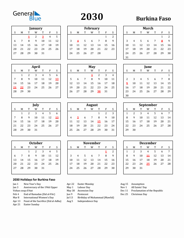 2030 Burkina Faso Holiday Calendar - Sunday Start