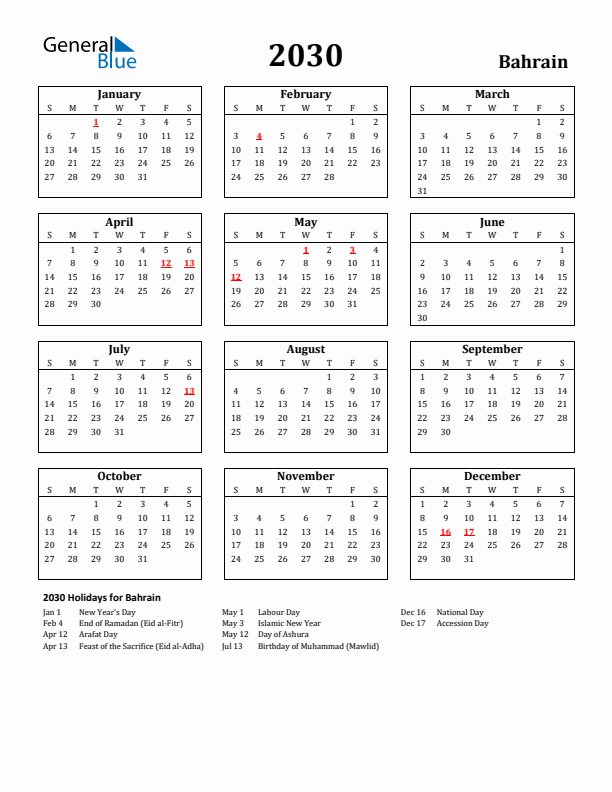2030 Bahrain Holiday Calendar - Sunday Start