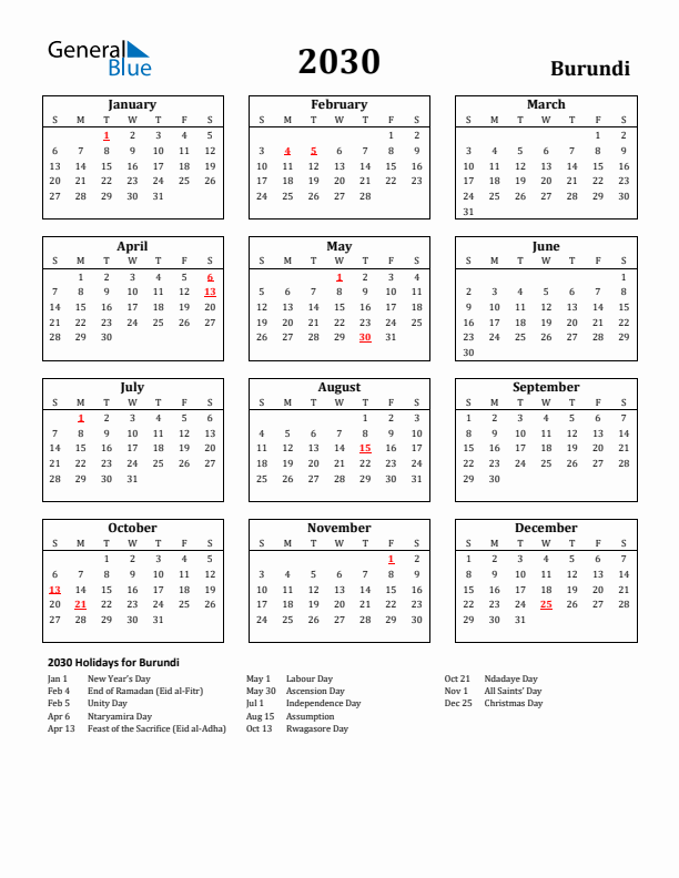 2030 Burundi Holiday Calendar - Sunday Start