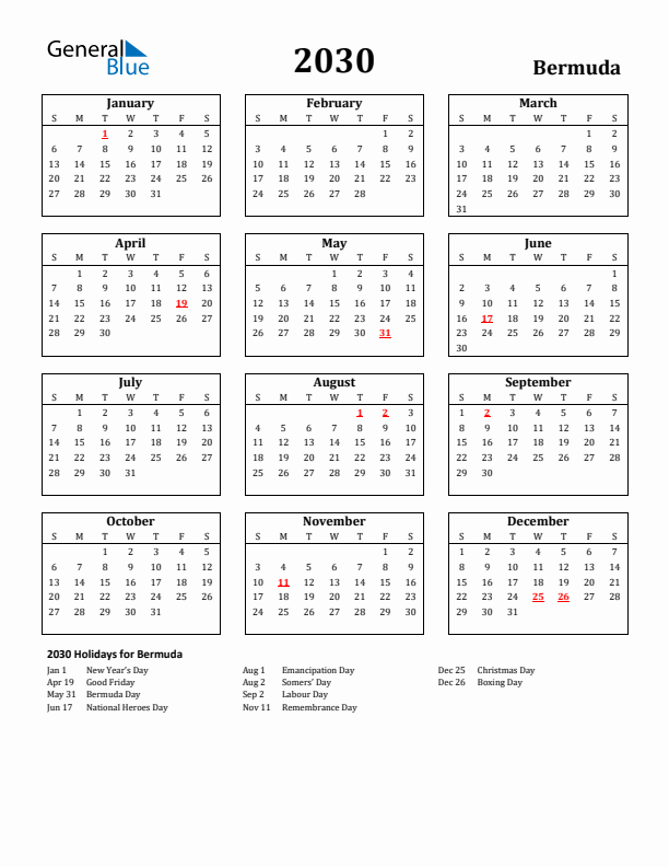 2030 Bermuda Holiday Calendar - Sunday Start