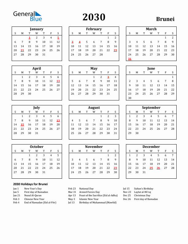 2030 Brunei Holiday Calendar - Sunday Start