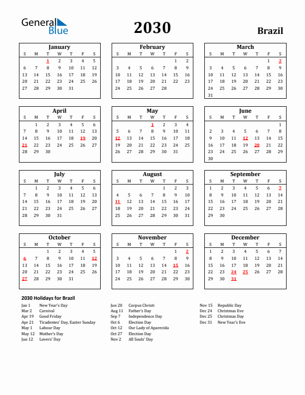 2030 Brazil Holiday Calendar - Sunday Start