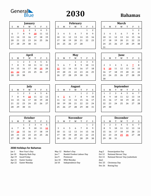 2030 Bahamas Holiday Calendar - Sunday Start