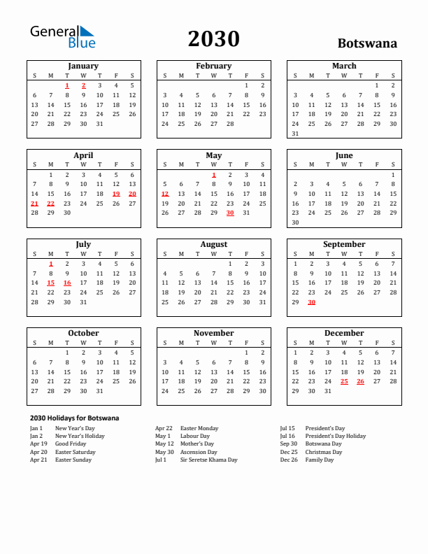 2030 Botswana Holiday Calendar - Sunday Start