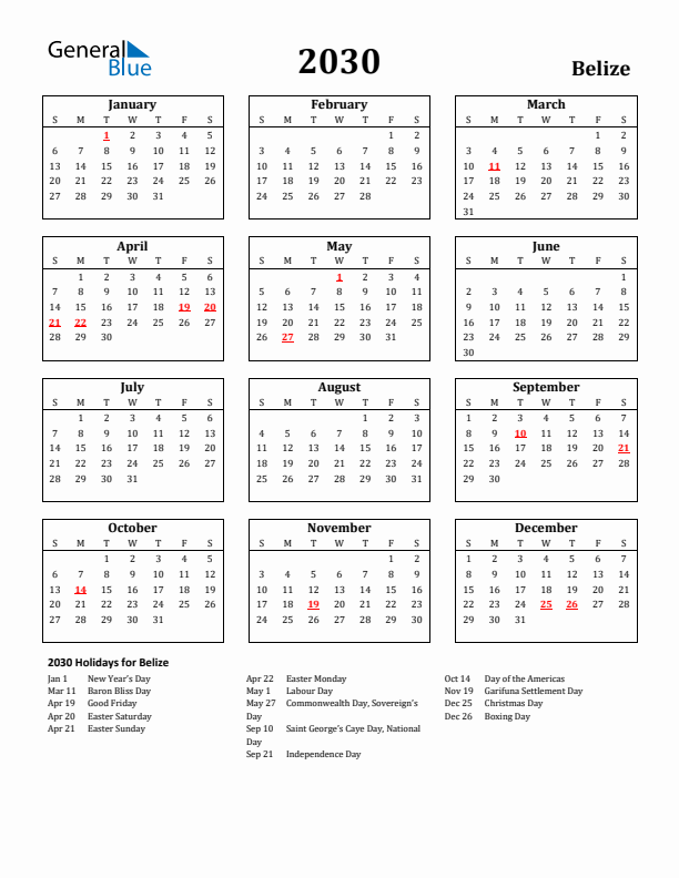 2030 Belize Holiday Calendar - Sunday Start