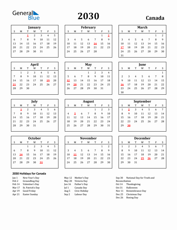 2030 Canada Holiday Calendar - Sunday Start