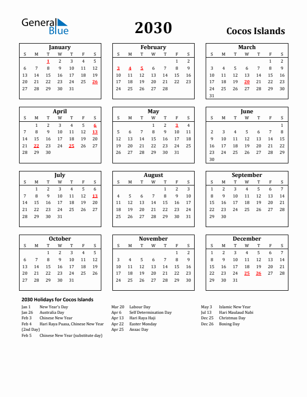 2030 Cocos Islands Holiday Calendar - Sunday Start
