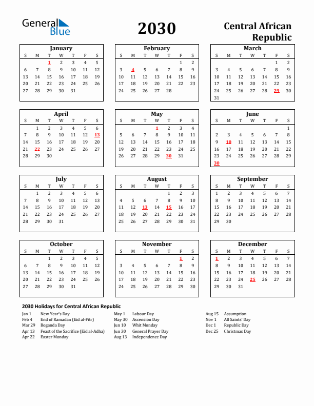 2030 Central African Republic Holiday Calendar - Sunday Start