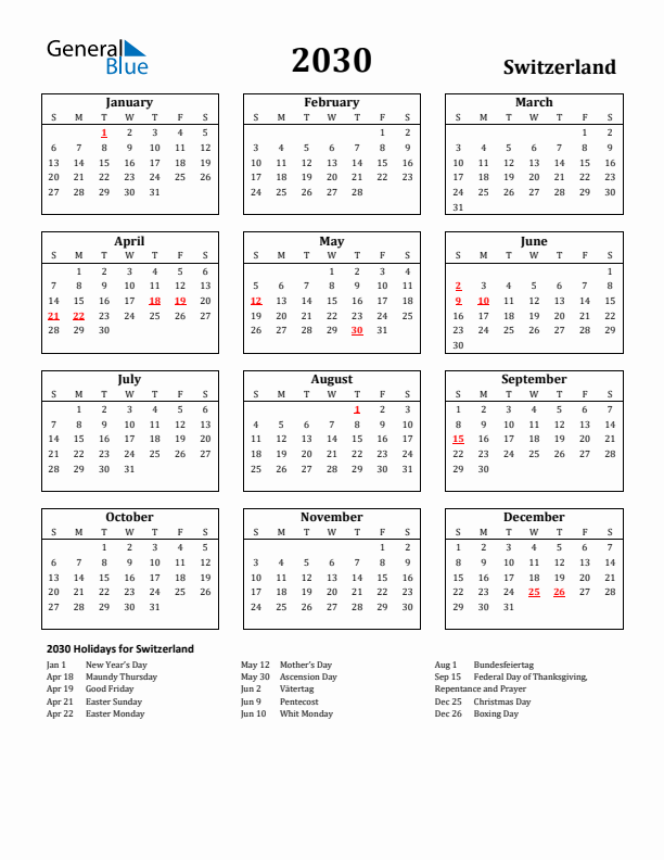 2030 Switzerland Holiday Calendar - Sunday Start