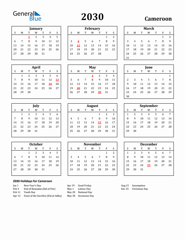 2030 Cameroon Holiday Calendar - Sunday Start