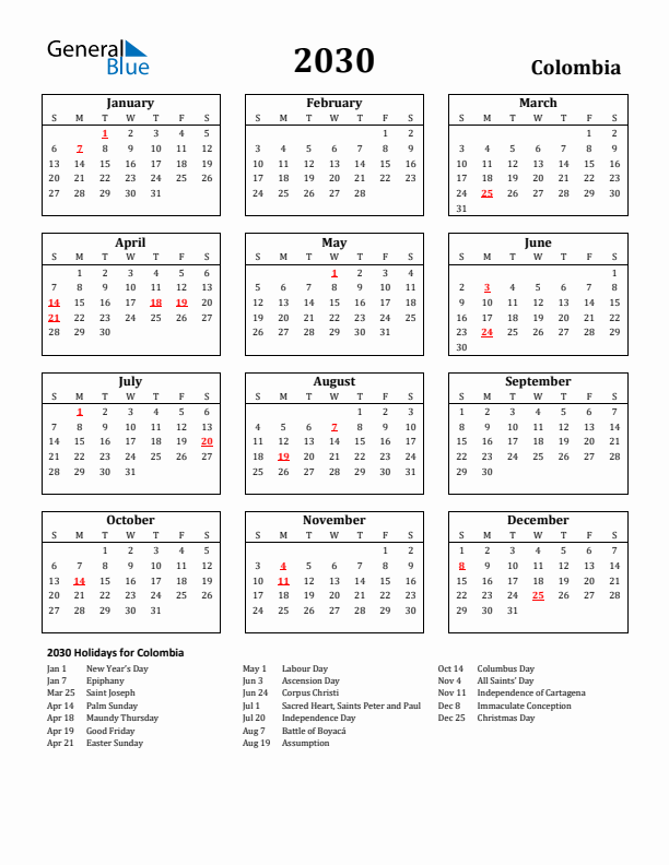 2030 Colombia Holiday Calendar - Sunday Start