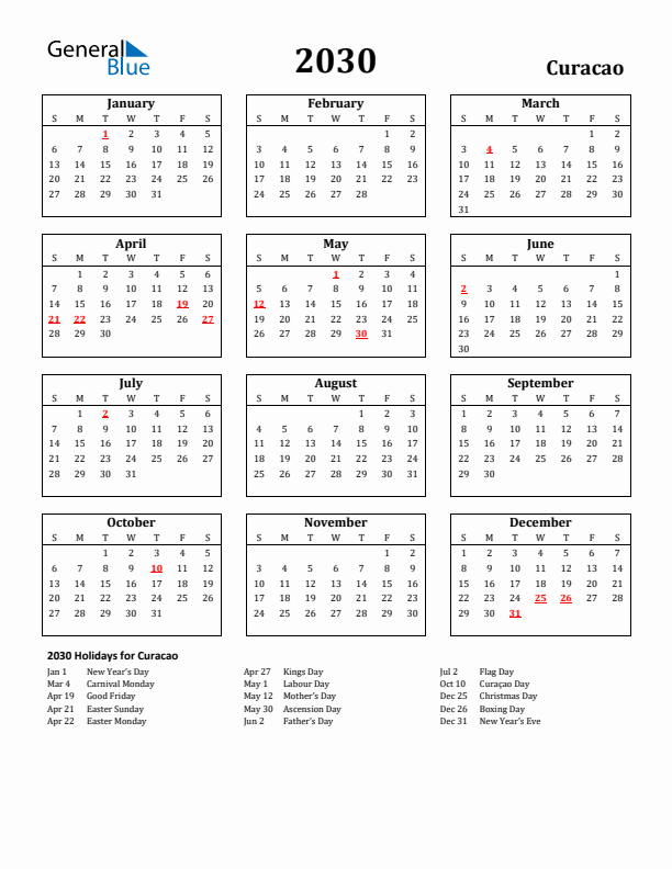 2030 Curacao Holiday Calendar - Sunday Start