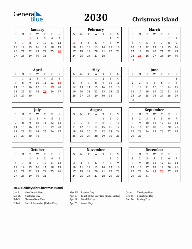 2030 Christmas Island Holiday Calendar - Sunday Start
