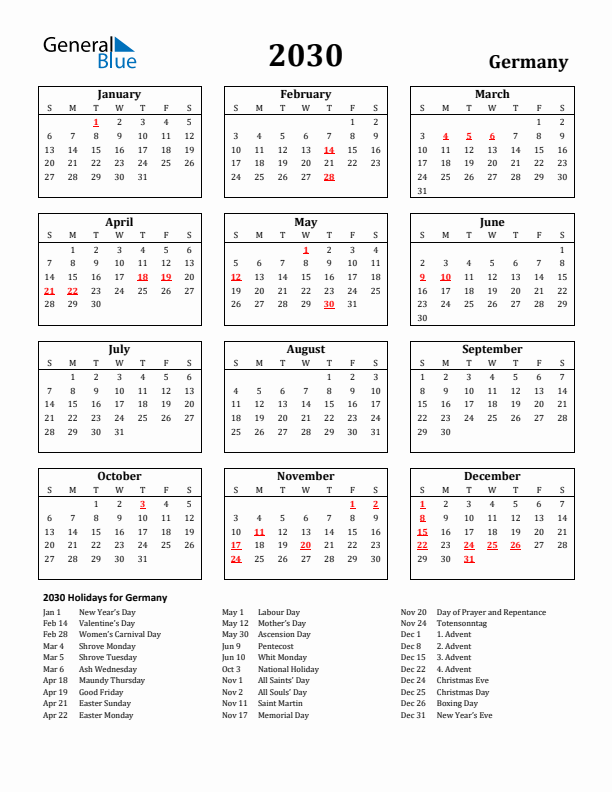 2030 Germany Holiday Calendar - Sunday Start