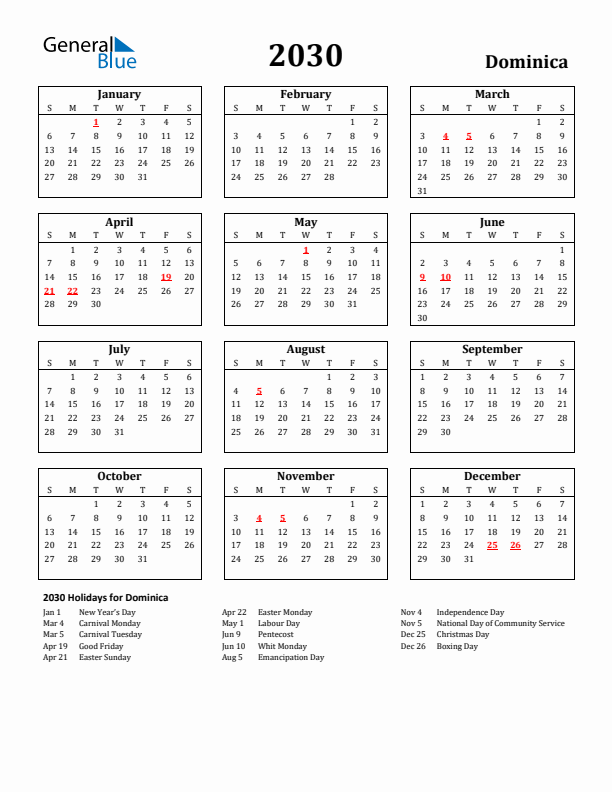 2030 Dominica Holiday Calendar - Sunday Start